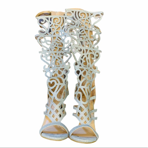 Shoes - Silver Glitter Gladiator Heels sz 7 Knee High